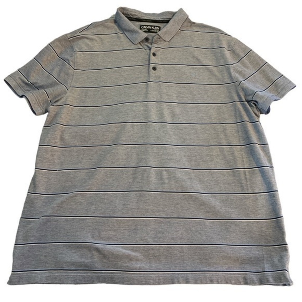 Men's Calvin Klein Blue Striped Polo Pullover Icon Logo Shirt Size XXL EUC #6886